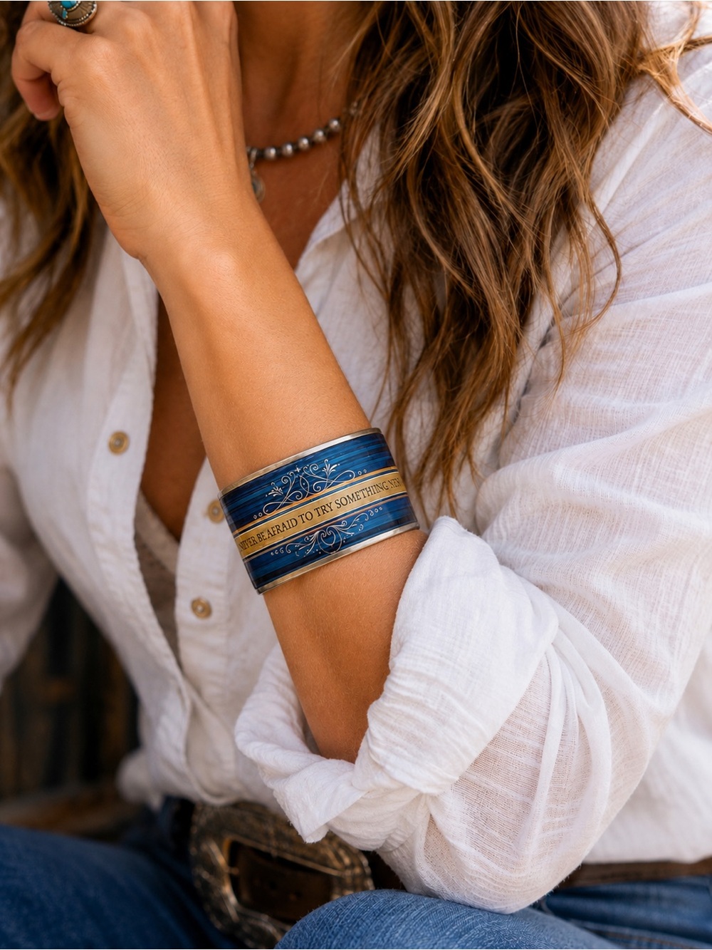 RARE Rustic Cuff Never Be Afraid Quote Blue Wide Cuff Bracelet Vintage